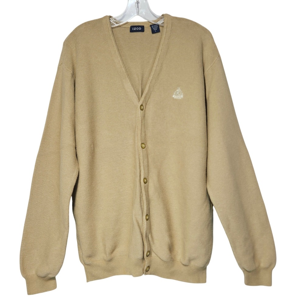 IZOD Mens Cardigan Large Tan Cotton-Rayon Logo Grandpacore Preppy Academia Dad